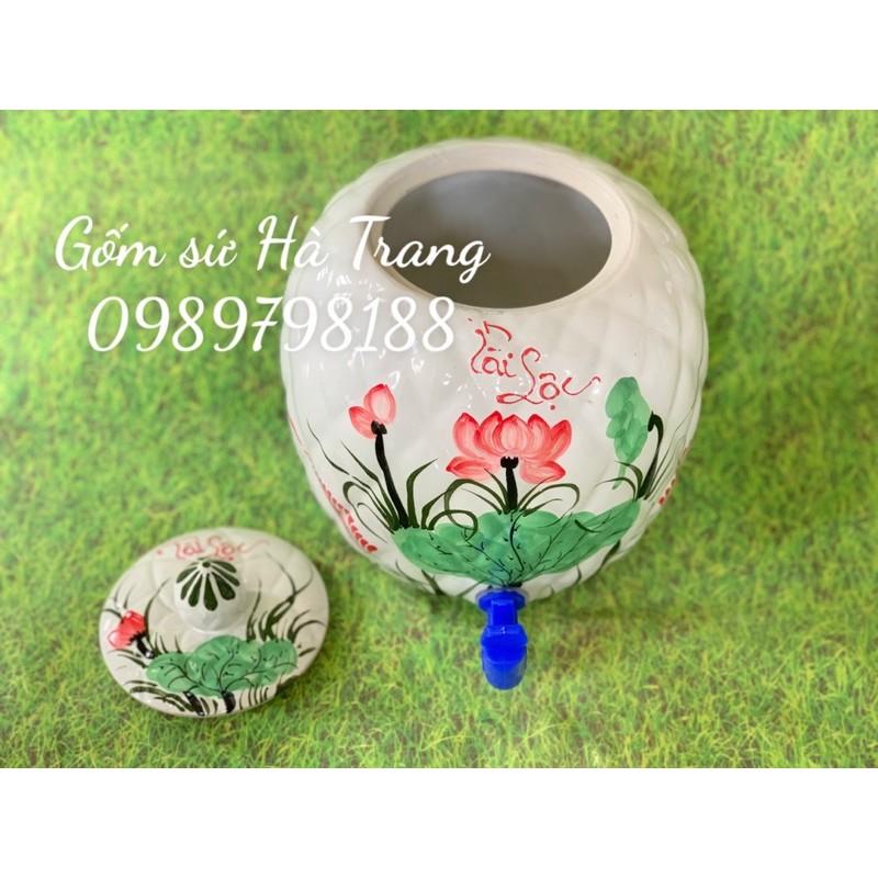 Bình nước gốm sứ Bát Tràng cao cấp men trắng vẽ sen đỏ phú quý tài lộc