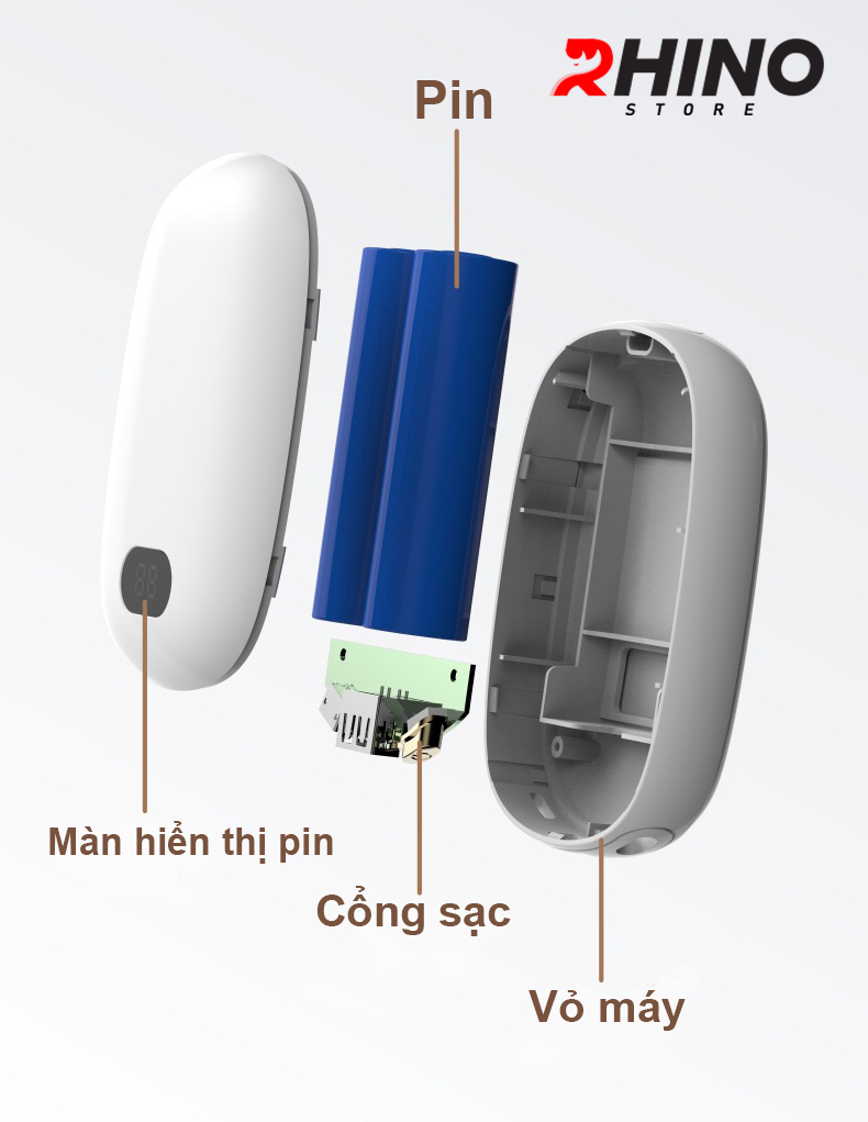 Máy sưởi ấm mini chạy pin cầm tay đèn LED Rhino W303, 3 mức độ nhiệt,  Làm ấm nhanh _ Hàng chính hãng