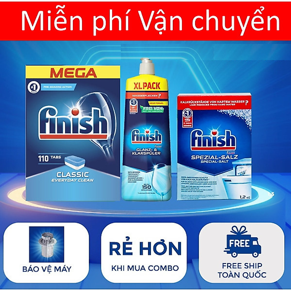Combo viên rửa bát finish 110 viên + muối rửa bát finish 1.5kg + Nước làm bóng alio 1 lít dùng cho máy rửa bát