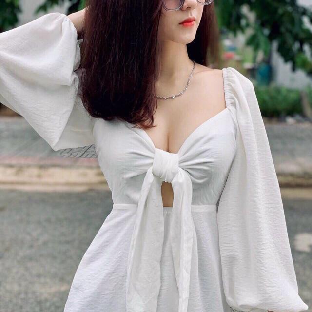 Đầm Tay Bồng Dây Buộc Nơ Ngực Cực Cá Tính