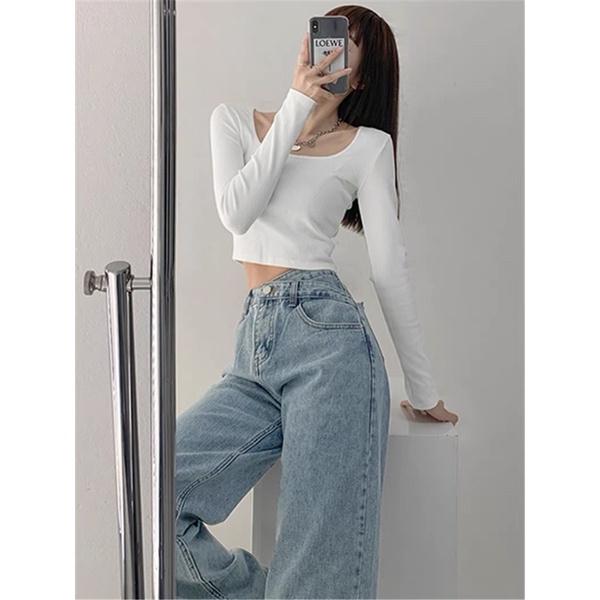 Quần Jean Ống Rộng Cạp Chéo Lưng Cao Cá Tính Ulzzang