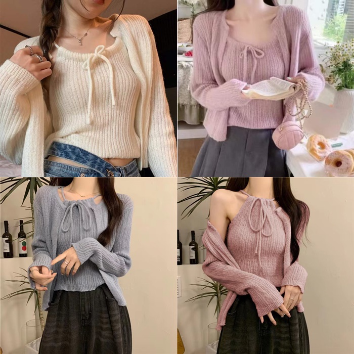 SET ÁO LEN CROPTOP DÂY CỔ YẾM TRƠN PASTEL + ÁO KHOÁC CARDIGAN LỬNG TAY DÀI DẠO PHỐ ĐI CHƠI ĐI BIỂN ĐI TIỆC