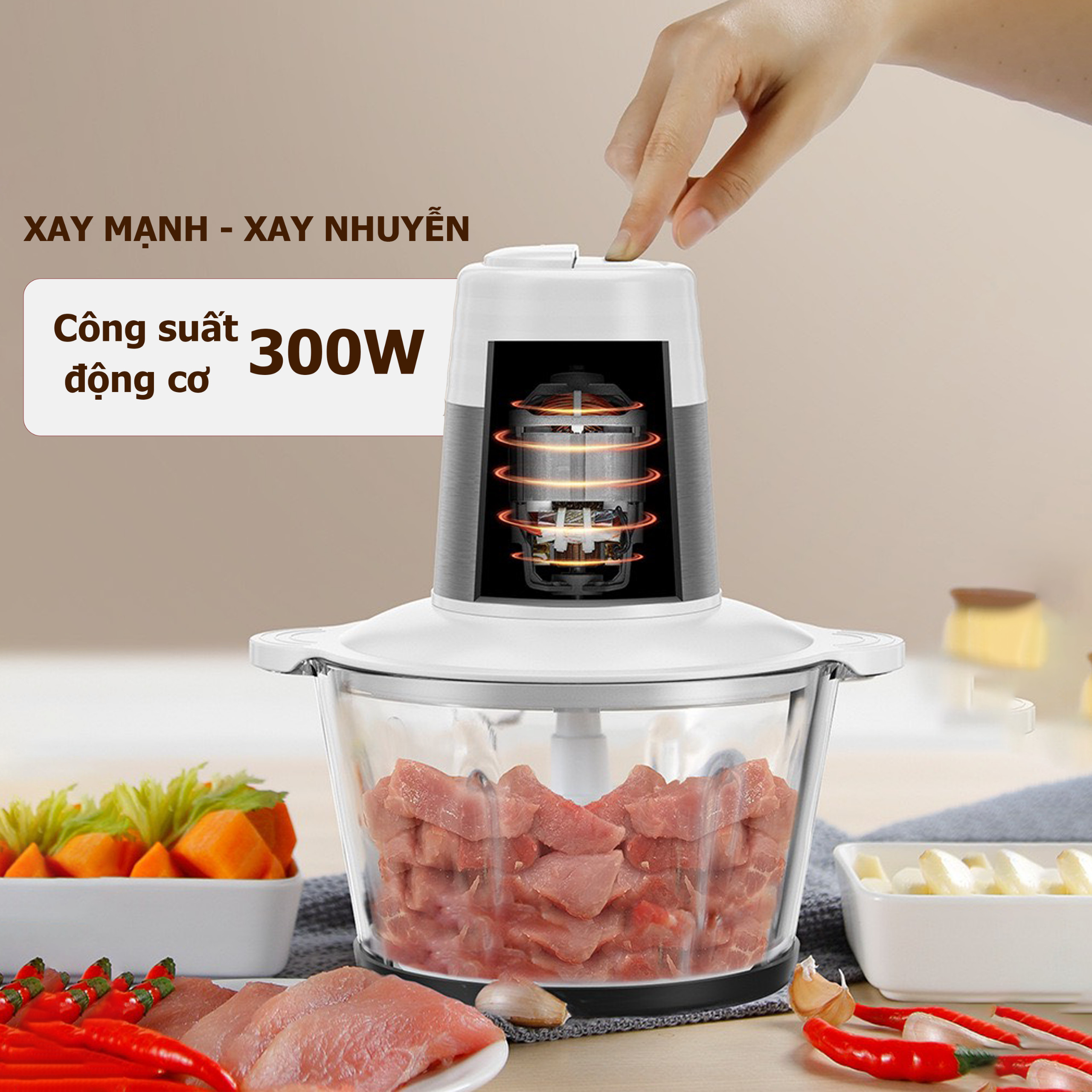 Máy Xay Thịt Cối Thủy Tinh Galen Công Suất Lớn 300W, Dung Tích 2L Máy Nghiền Thực Phẩm Đa Năng Đế Cao Su Chống Trượt - Hàng Chính Hãng