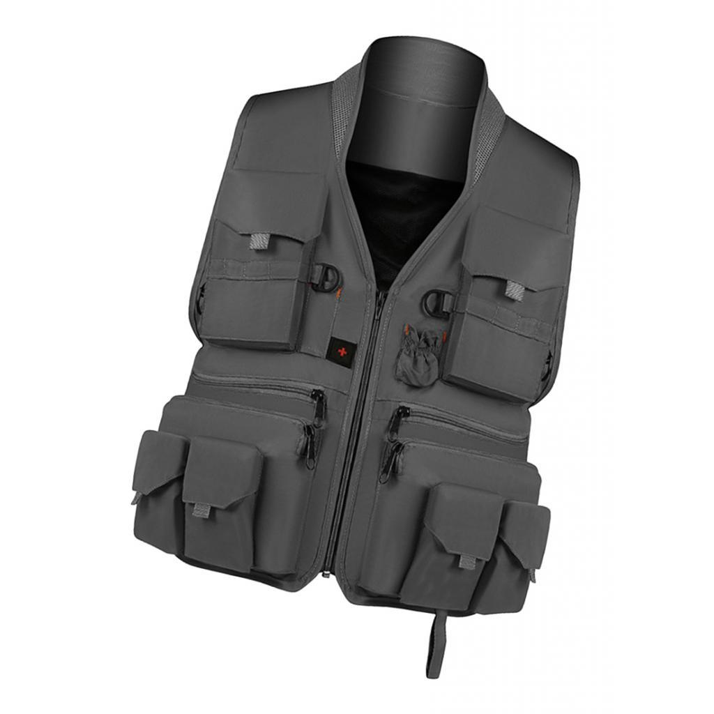 Multi Pocket Photography Hunting Fishing Vest Jacket Waistcoat Gray L