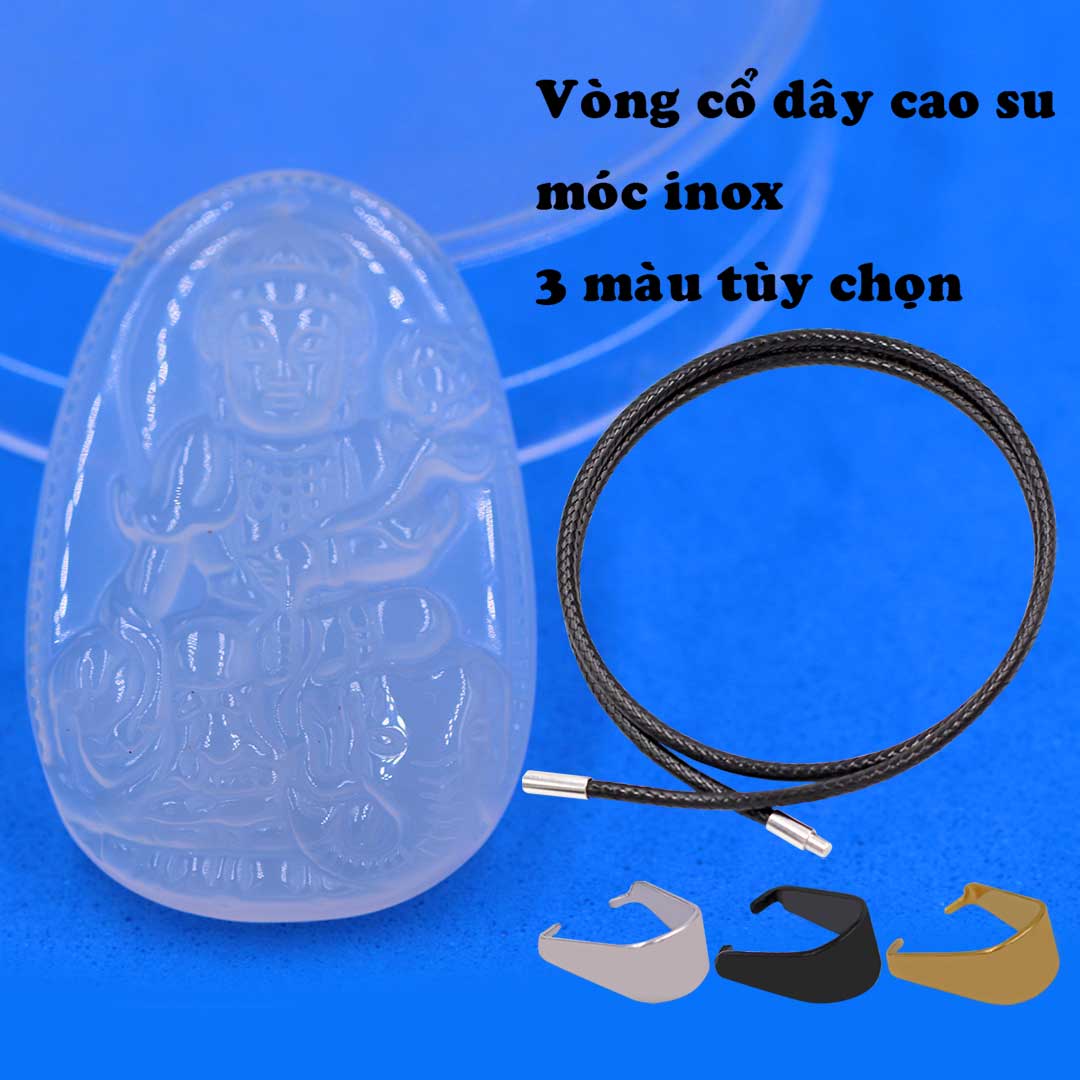 Mặt Phật Phổ hiền mã não trắng kèm vòng cổ dây cao su đen + móc inox trắng, mặt dây chuyền Phật bản mệnh, vòng cổ mặt Phật
