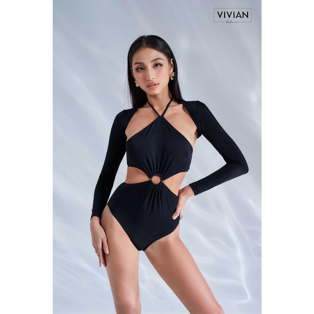 Đồ bơi nữ cao cấp dạng một mảnh yếm phối áo tay dài cover - Đen - VS187_BL