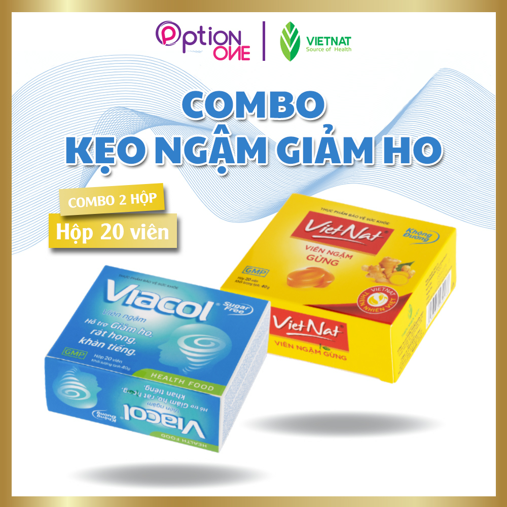 [COMBO 2 HỘP KHÔNG ĐƯỜNG] Kẹo ngậm Viacol Vietnat 20 viên - gừng Vietnat 20 viên giảm ho rát họng