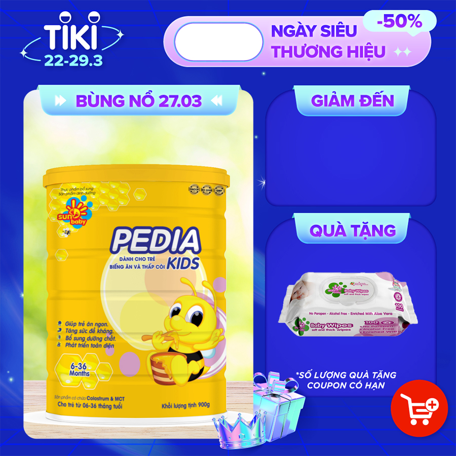 Sữa Bột Dinh Dưỡng PEDIA KIDS Sunbaby Dành Cho Trẻ Biếng Ăn Và Còi Xương (900g) PP2810_Tặng kèm bịch khăn ướt sunbaby 100 tờ