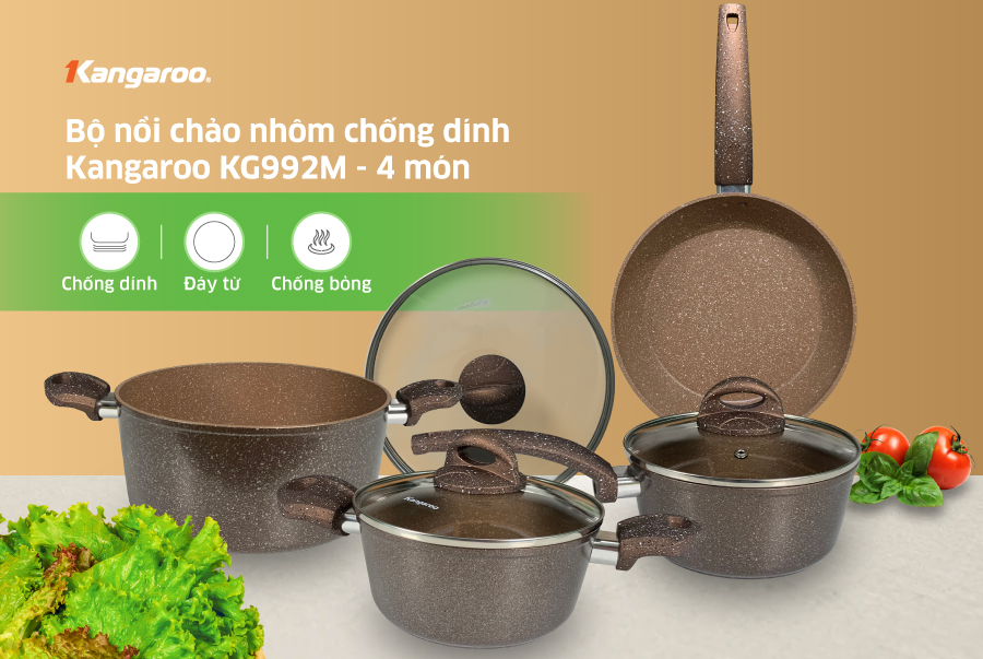 Bộ Nồi Chảo Nhôm Vung Kính Kangaroo KG992M