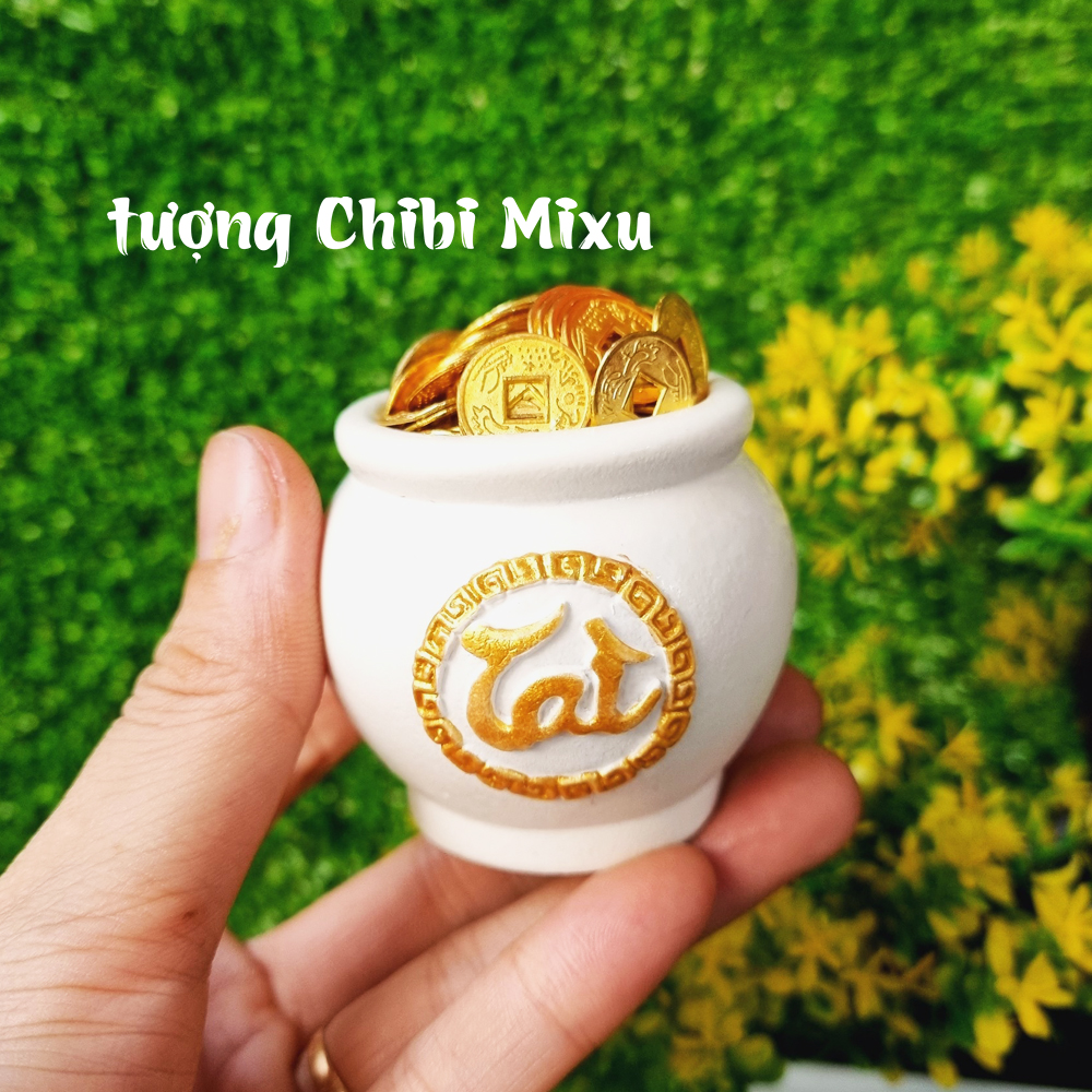 Chum vàng chữ TÀI / LỘC / PHÁT (gồm 1 chum trắng + 15 hạt gốm mèo + 100 xu vàng 13mm)