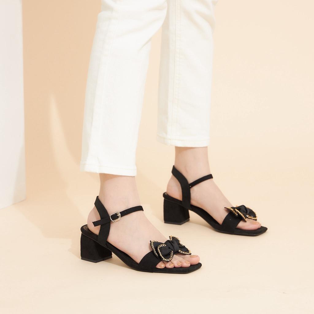 Giày Cao Gót MWC 4343 - Giày Sandal Cao Gót 5PQuai Ngang Đính Nơ Viền Xích Gót Vuông Thời Trang