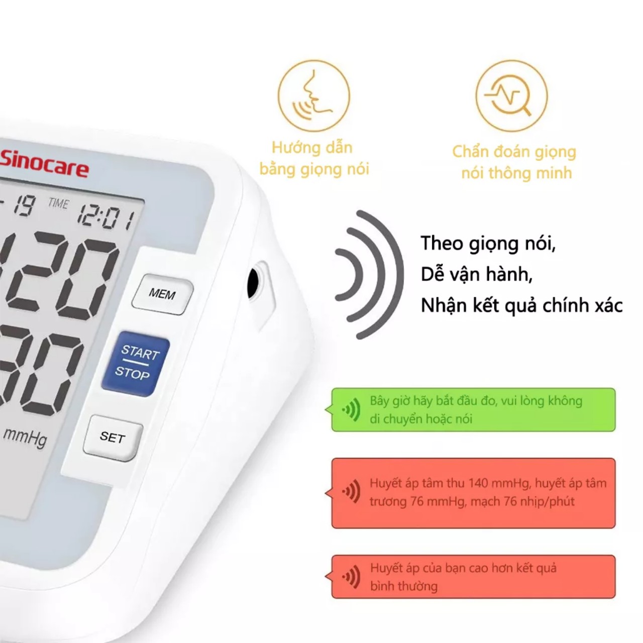 Máy đo huyết áp Sinocare thông minh tự động có giọng nói hướng dẫn tiếng việt