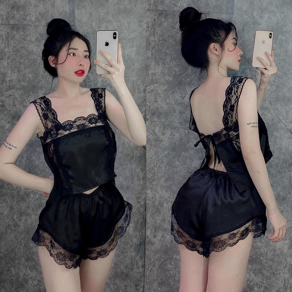Giá Sỉ sét đồ ngủ 2 dây phối ren đen quần đù i đồ ngủ phi lụa sexy mặc nha