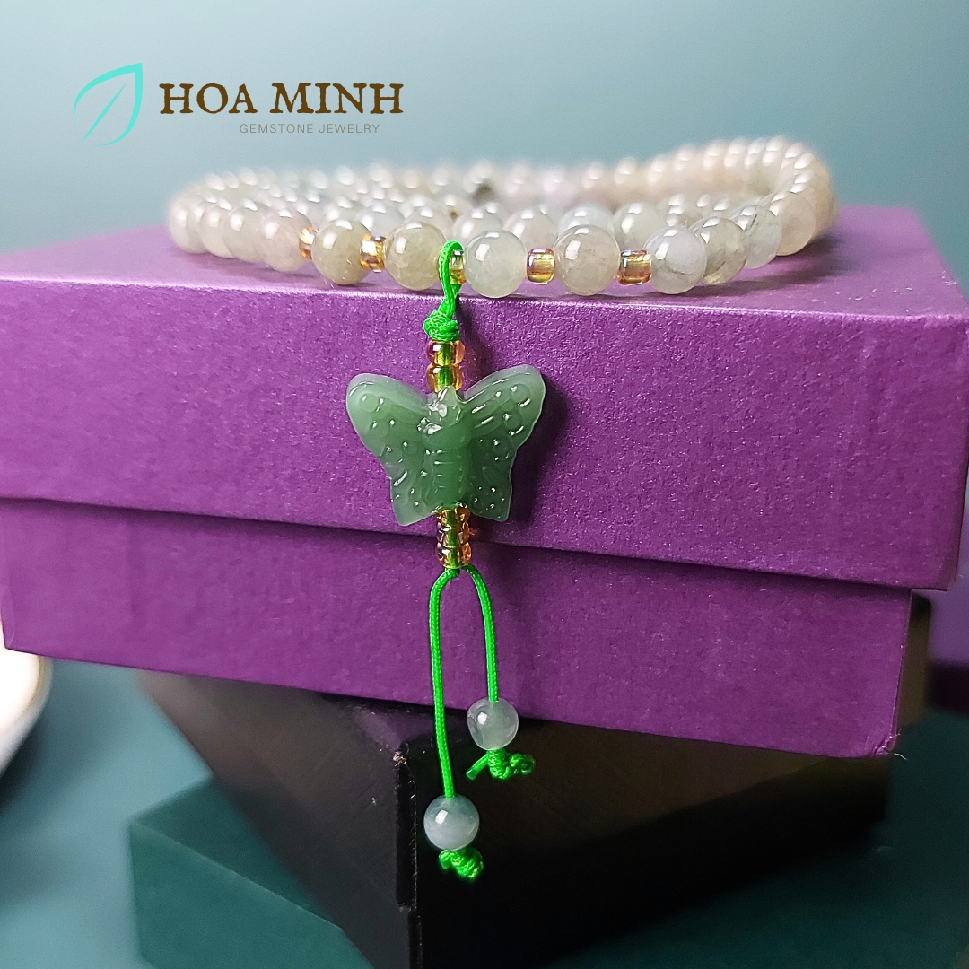 Vòng tay chuỗi 108 hạt Ngọc Cẩm Thạch Lam Dầu A size 5.3 li phối charm đá thạch anh aventurine mỹ miều tuyệt đẹp