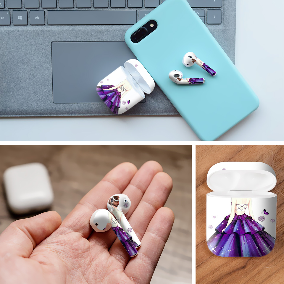 Miếng dán skin chống bẩn cho tai nghe AirPods in hình Cô gái váy tím - Gin019 (bản không dây 1 và 2)