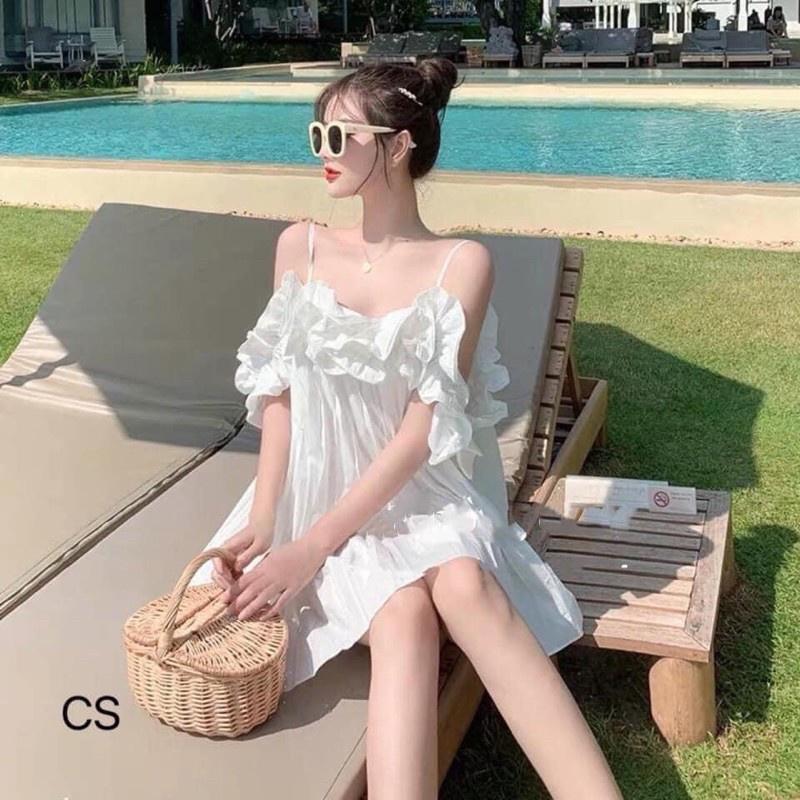 Đầm Bèo Trắng Dập Ly Dáng Xòe Váy Nữ 2 Dây Chất Đũi