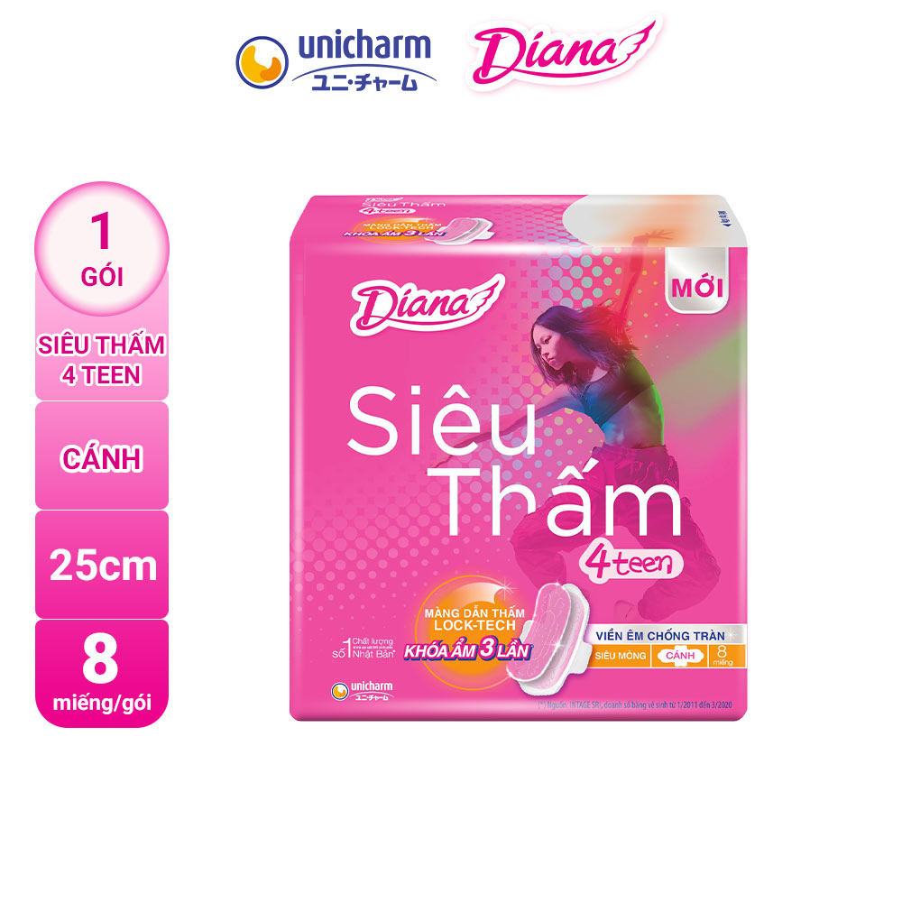 Băng Vệ Sinh Diana Siêu Thấm 4 Teen 25cm 8 Miếng/Gói