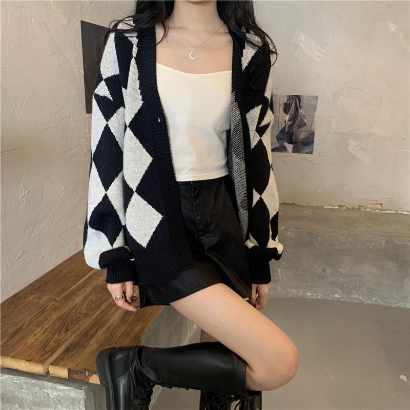 Áo khoác cardigan len nữ dệt kim kẻ ô caro họa tiết kim cương cổ V phối màu đen trắng dáng rộng bigsize H-16-1