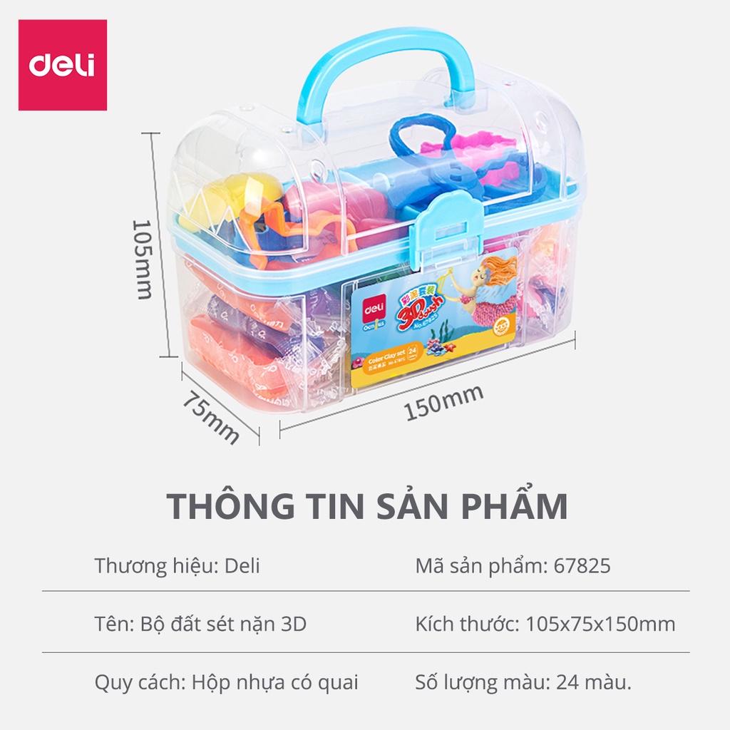 Bộ đất sét nặn 3D Deli 24 màu - Chất liệu an toàn cho trẻ nhỏ, màu sắc tươi sáng đa dạng, kèm phụ kiện khuôn nặn - 67825