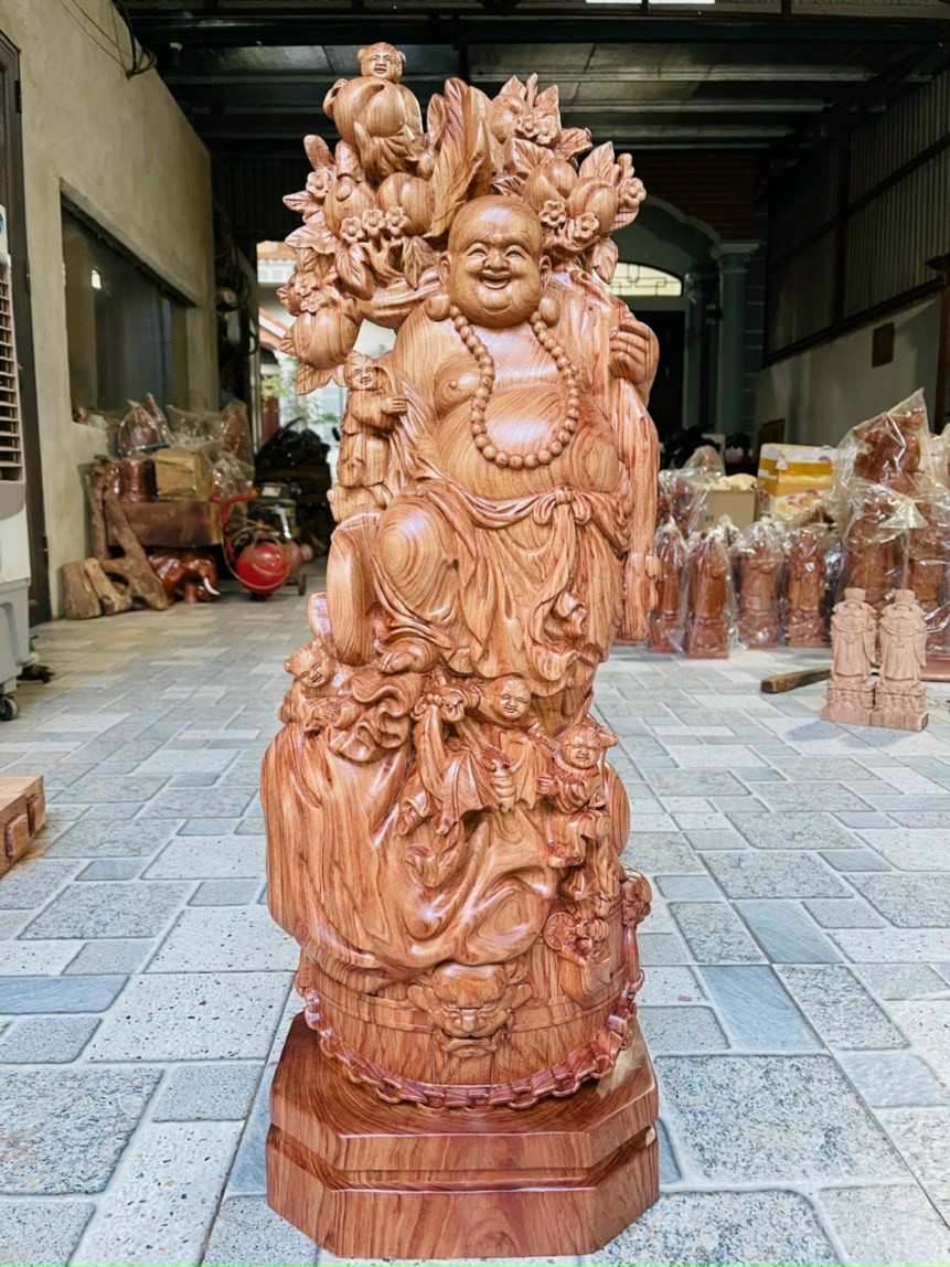 TƯỢNG PHẬT DI LẶC NGŨ PHÚC BẰNG GỖ HƯƠNG ĐÁ KT 60×20×16CM