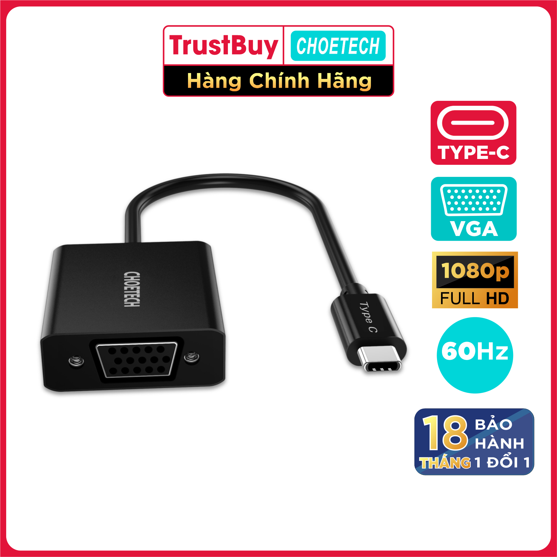 Hub Adapter Chuyển Đổi Cổng USB Type C To VGA CHOETECH HUB-V01 1080P 60Hz - Hàng Chính Hãng