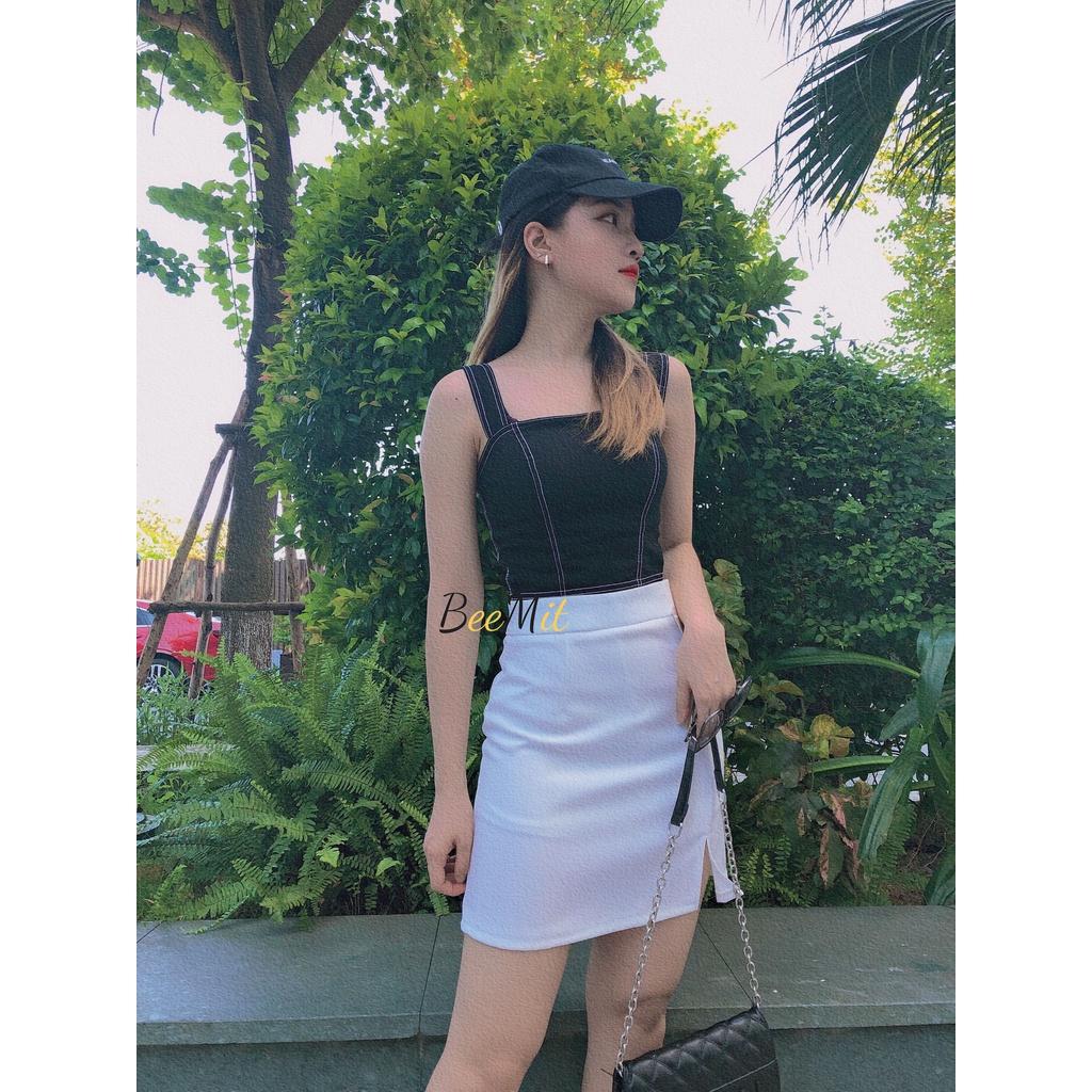 Chân váy ngắn chữ A xẻ tà lưng cao có quần lót trong BeeMit, Chân váy chữ A công sở dáng ngắn xẻ tà trước