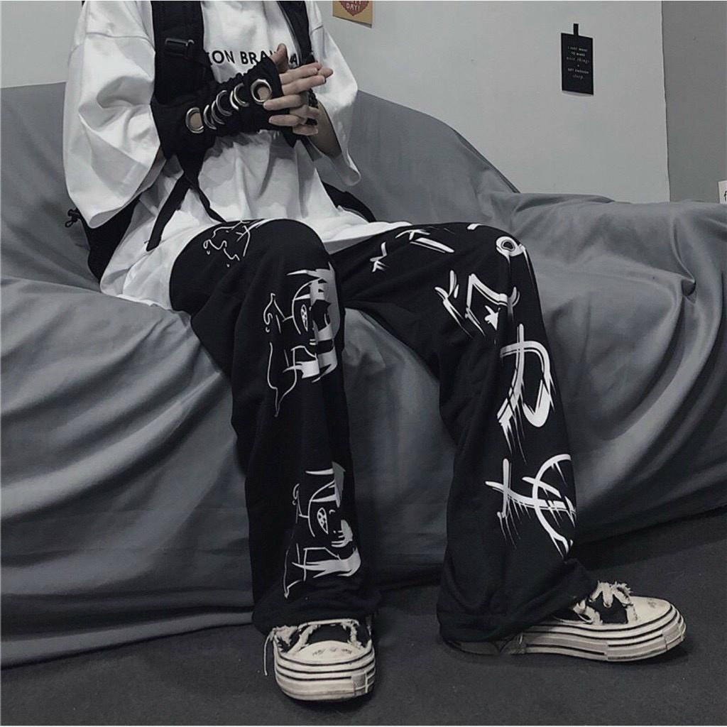 Quần DÀI Ống Rộng IN HÌNH SA.JA Ulzzang Unisex, ống loe cạp cao dài 100cm hack chân tôn dáng màu đen thời trang