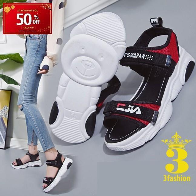 Giày Sandal Nữ Vải Cao Cấp Quai Ngang Viền Đỏ Đế Gấu Dễ Thương - 3136