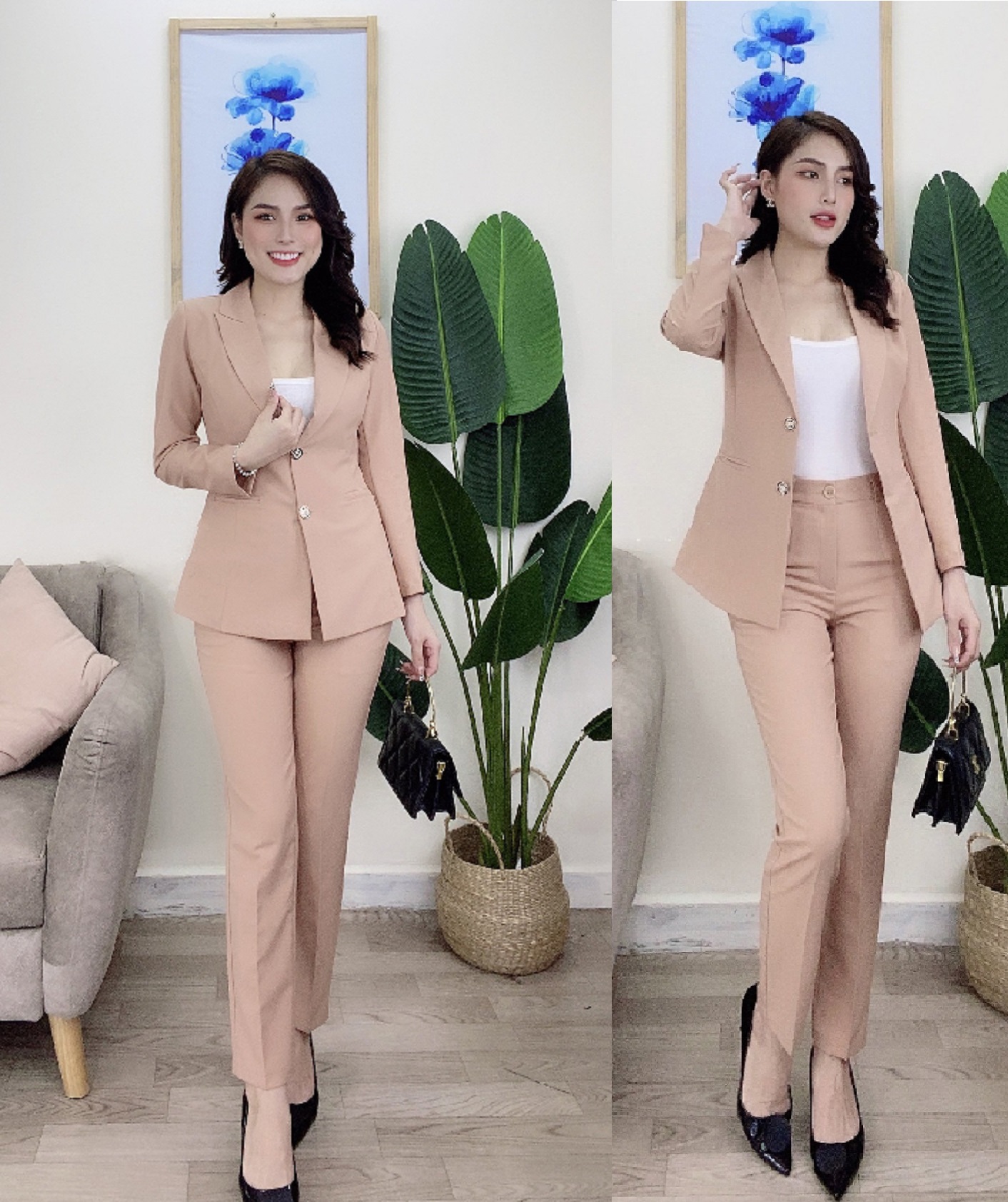 Set Vest Công Sở Tay Dài 2 Nút Form Blazer Sang Trọng