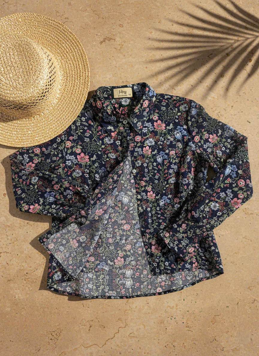 Áo Sơ Mi Hoa Điểm Ngọc, Áo Sơ Mi Tay Dài Nữ Chiffon Voan Hoa Cổ Điển Vintage thời trang thiết kế Hity Top171