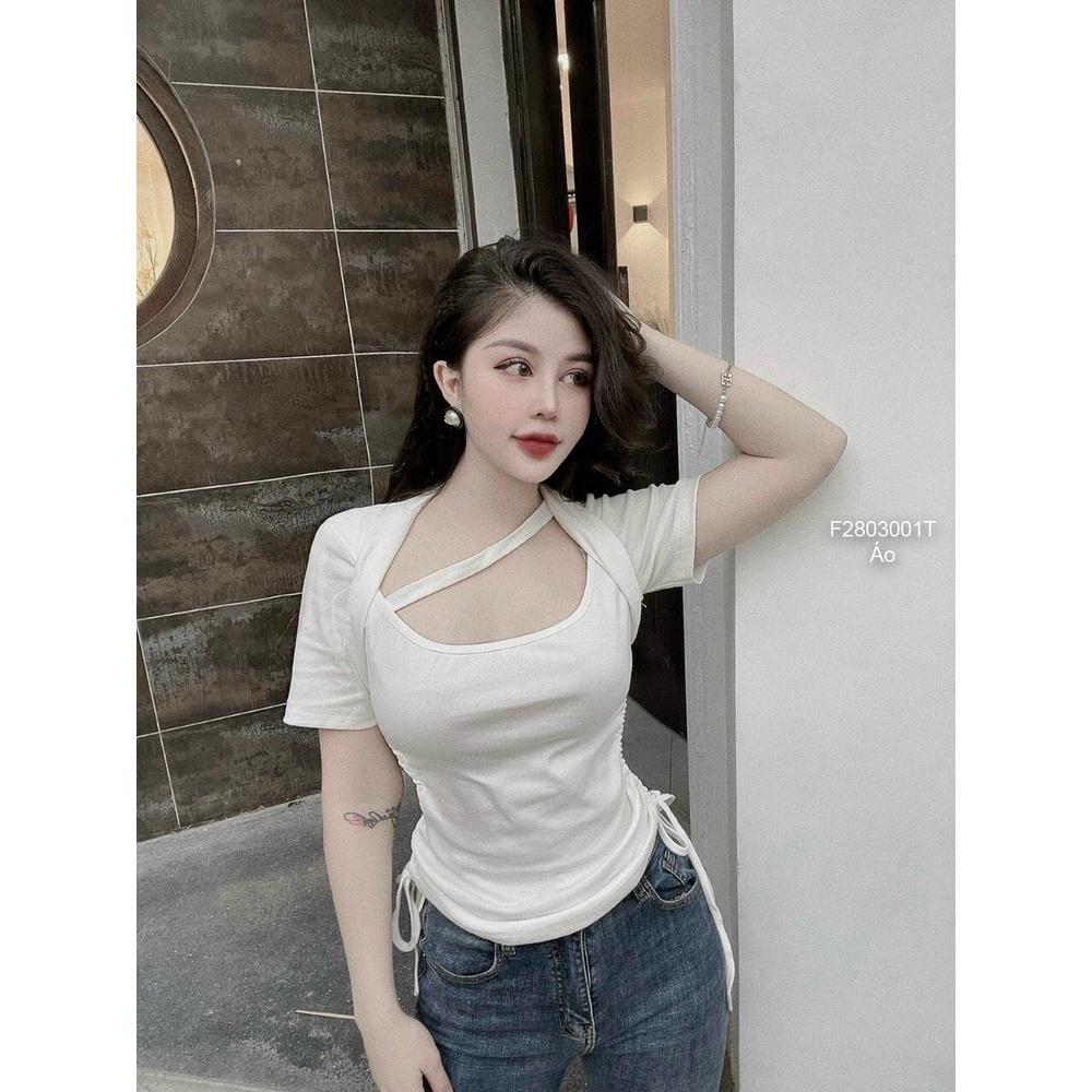 Áo thun tay con phối dây cổ rút 2 bên sườn!