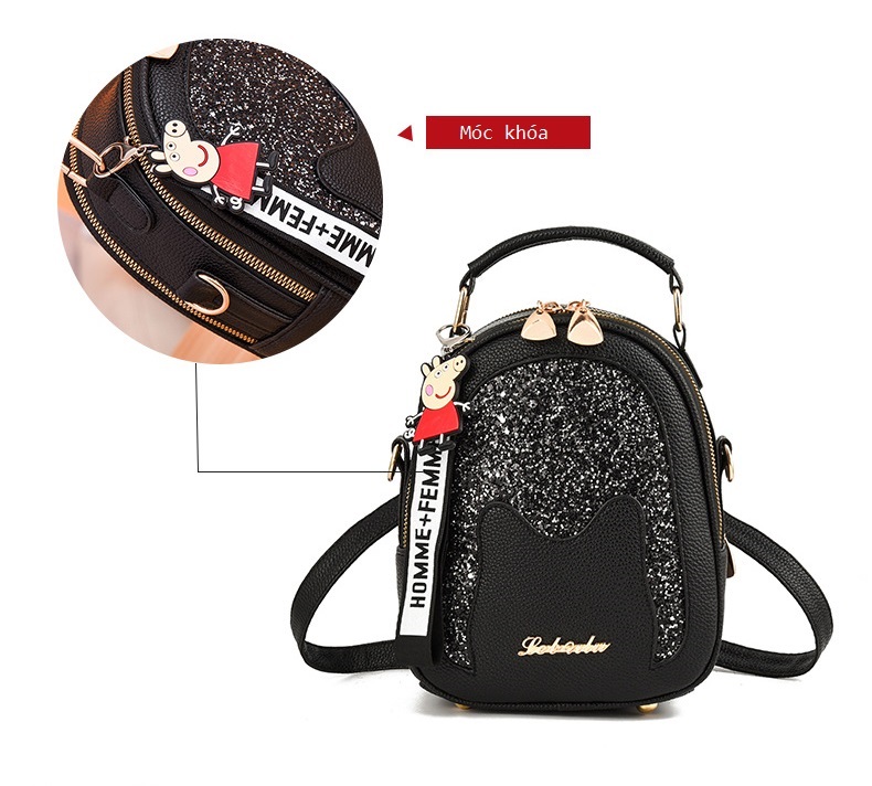 Balo da nữ mini đeo 2 kiểu, họa tiết tai mèo cute, kèm móc khóa đáng yêu