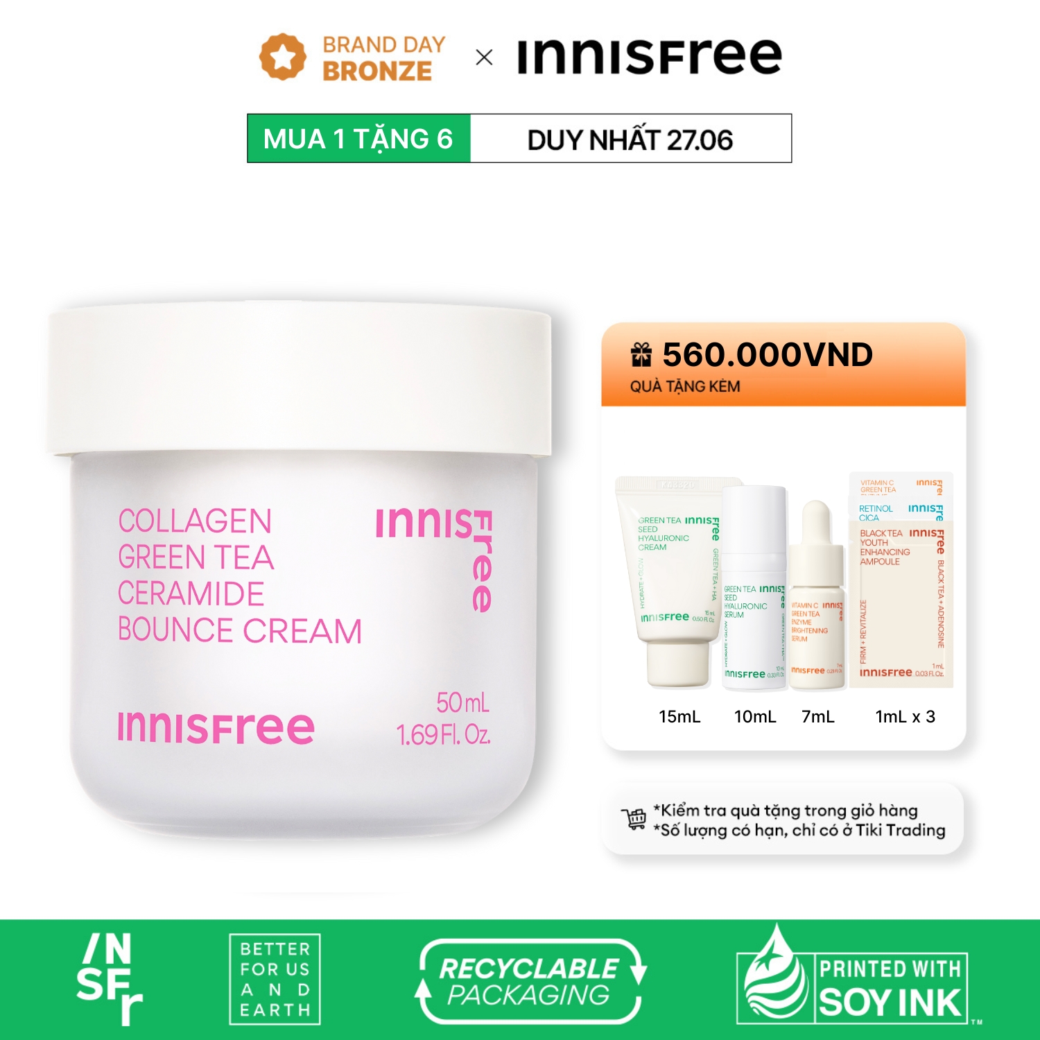 Kem dưỡng giúp làm mờ các dấu hiệu lão hóa trên da INNISFREE Collagen Green Tea Ceramide Bounce Cream 50mL