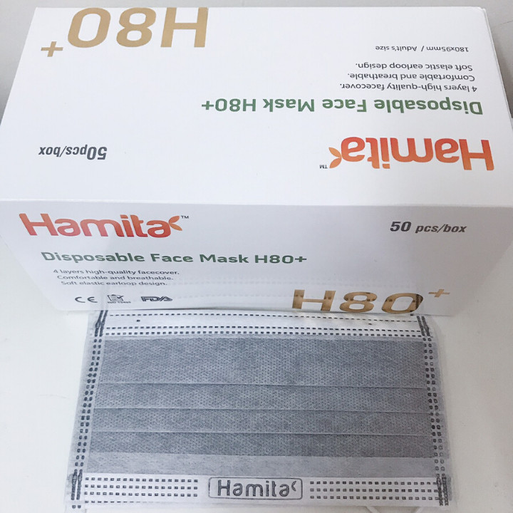 Khẩu trang y tế than hoạt tính Hamita 4 lớp (Hộp 50 cái) Hàng xuất khẩu Model H80+ _ ISO13485, CE, FDA 