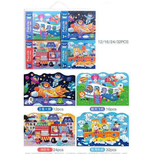 Bộ xếp hình gỗ 4 trong 1 puzzle 4 cấp độ 12-16-24-32 Miếng chủ đề giao thông, bốn mùa, khủng long