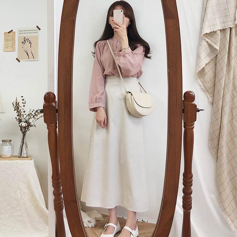 Áo sơ mi caro cổ tròn tay phồng thời trang Hàn Quốc cho nữ