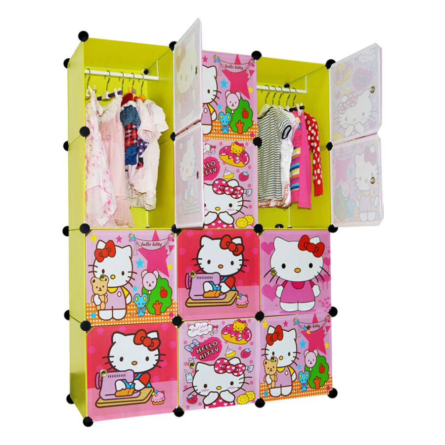 Tủ Nhựa Lắp Ghép Đa Năng 12 Ô Vàng Chanh Trơn, Cánh Hello Kitty 12.VT.46 (47 x 110 x 145 cm)