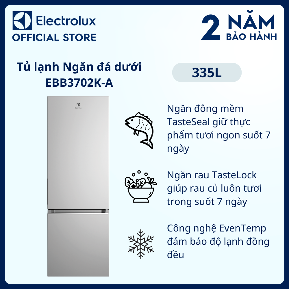 [Freeship] Tủ lạnh Electrolux Inverter UltimateTaste 300 ngăn đá dưới có ngăn đông mềm 335 lít - EBB3702K-A - Nhiệt độ ổn định đồng đều, khử mùi diệt khuẩn, khay đá xoay [Hàng chính hãng]