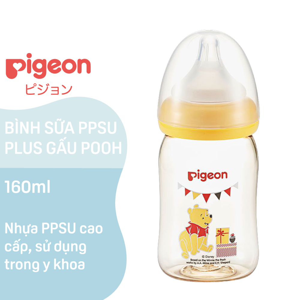 [TẶNG CÂY SÚC RỬA BÌNH SỮA &amp; NÚM VÚ] Bình sữa cổ rộng PPSU Plus Gấu Pooh Pigeon 160ml (SS)  - HSD 08/2024