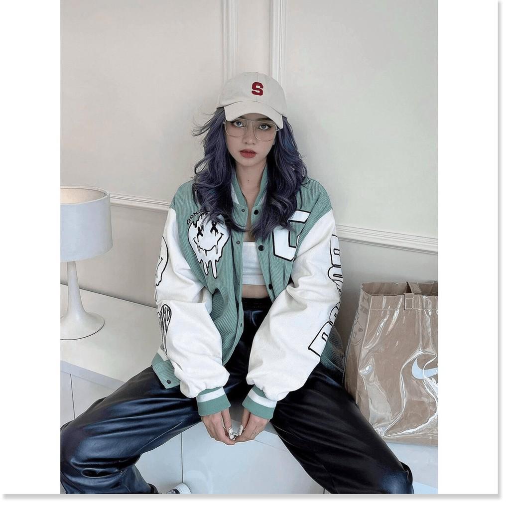 ÁO KHOÁC NHUNG GÂN NAM NỮ  KIỂU BOMBER  BÓNG CHÀY  THÊU HÌNH ICON SIÊU TO,PHONG CÁCH NĂNG ĐỘNG CÁ TÍNH
