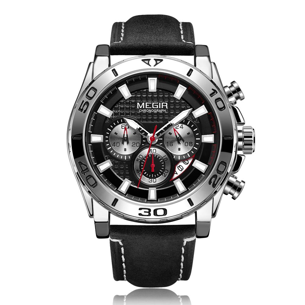 Đồng hồ Quartz Thể thao đơn giản Dây da 3ATM chống nước Chronograph MEGIR 2094 Nam