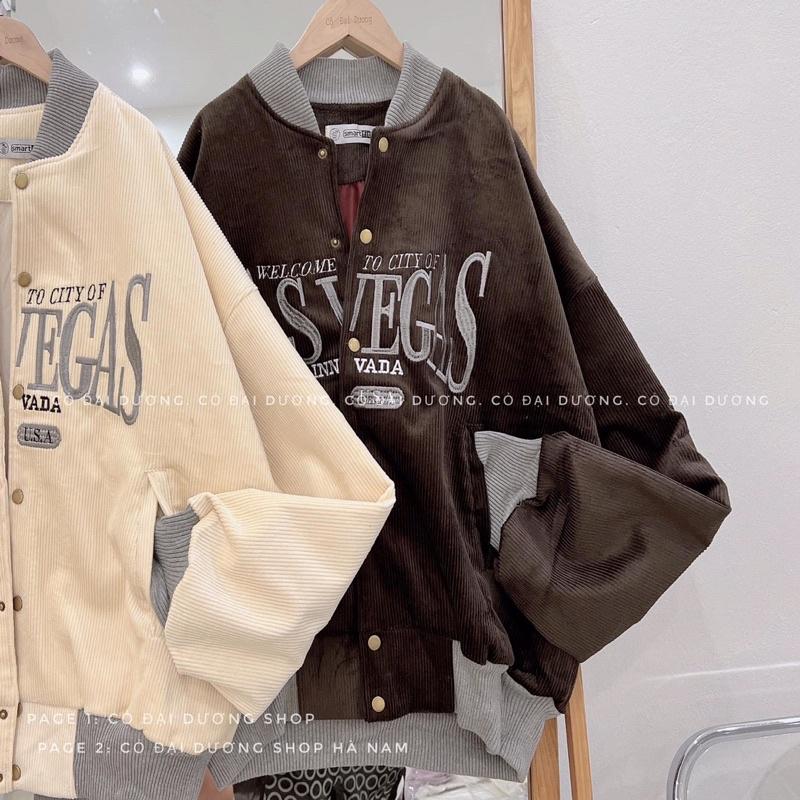 Áo khoác bóng chày bomber kaki nhung gân 2 lớp thêu chữ form rộng unisex ulzzang nam nữ