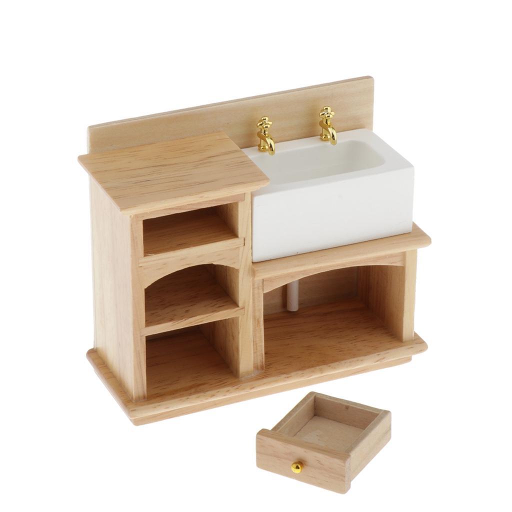 2PCS 1/12 Scale Dolls House Wood Wash Basin Cabinet Bathroom Decoration Accessory