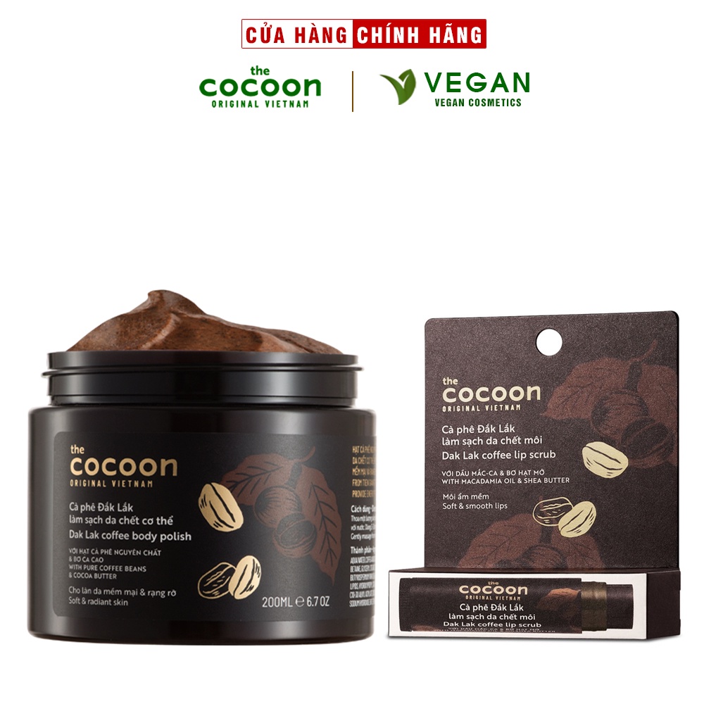 Combo Cà phê Đắk Lắk làm sạch da chết cơ thể Cocoon 200ml + Son tẩy da chết môi cà phê Đắk Lắk Cocoon 5g