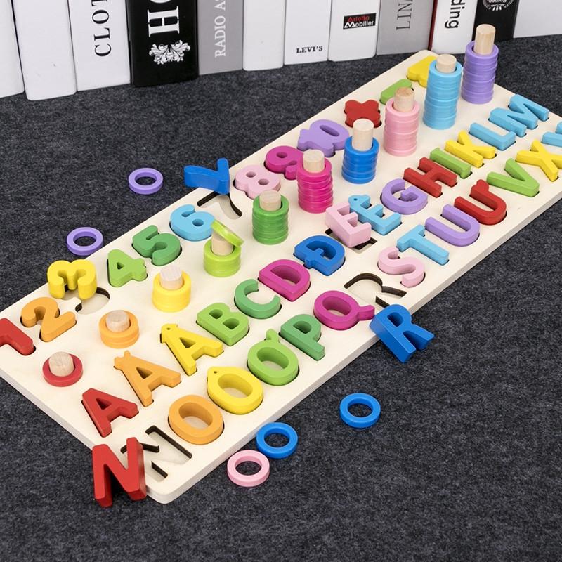 Bảng chữ cái tiếng việt và số cho bé kèm hình khối cột tính bậc thang, đồ chơi học tập, bảng ghép hình bằng gỗ thuộc giáo cụ Montessori giúp phát triển trí tuệ và kỹ năng cho trẻ Sk02