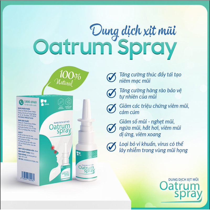 Dung Dịch Xịt Mũi Oatrum Spray Ngăn Ngừa Viem Mũi, Viem Xoang Làm Sạch Giúp Thông Thoáng Dễ Thở - dung tích 20ml