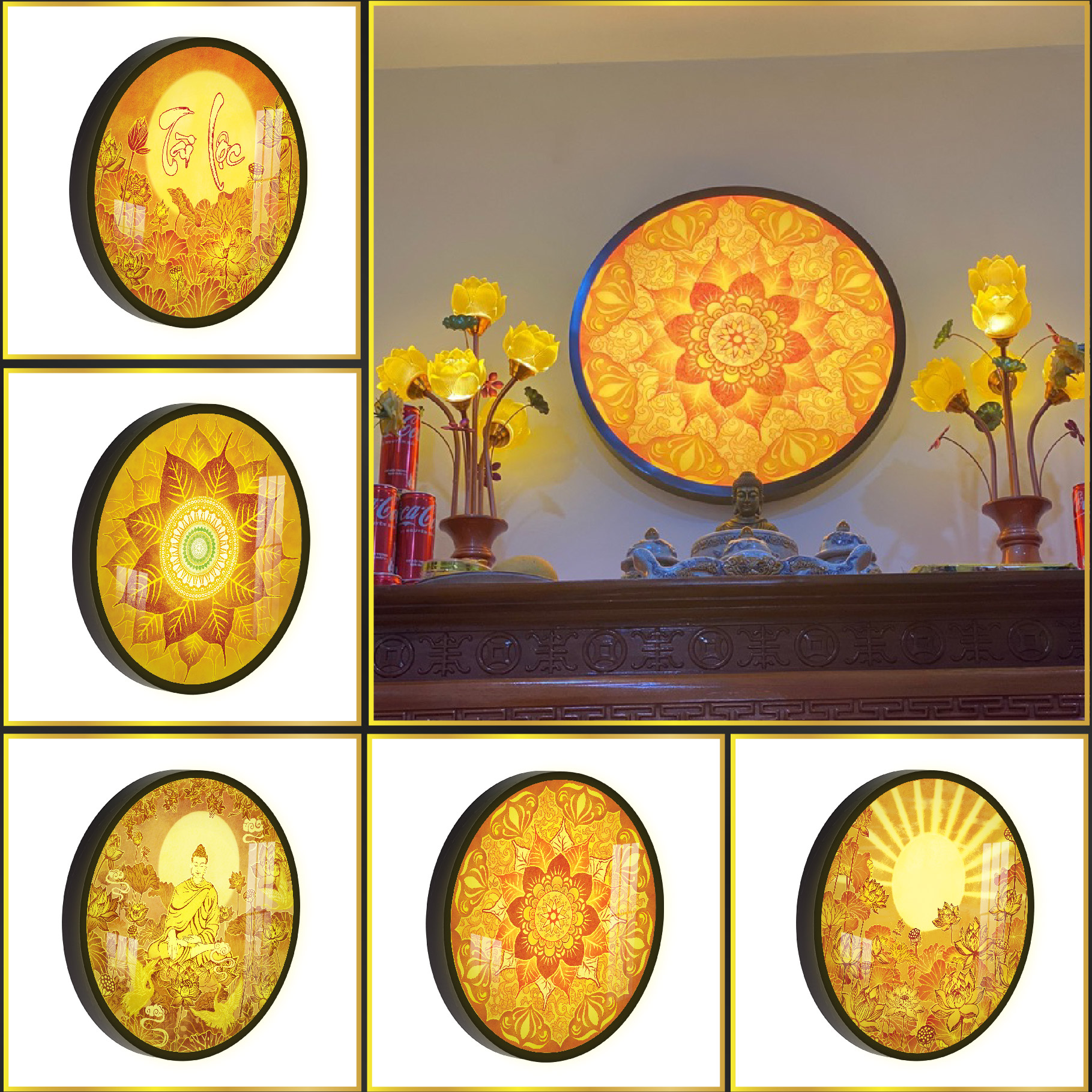 Đèn Hào Quang Phật In Tranh Trúc Chỉ DECORNOW 30,40 cm, Trang Trí Ban Thờ, Hào Quang Trúc Chỉ HOA SEN DCN-TC24