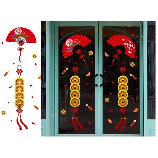 Decal trang trí tết - Dây Quạt đỏ đồng Xu may mắn