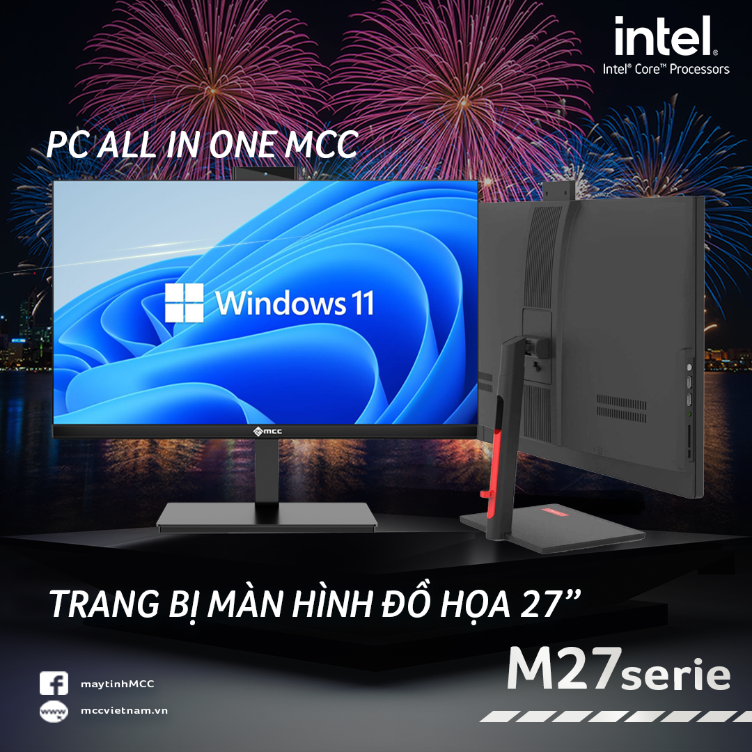 Bộ máy tính để bàn PC All In One MCC 1182M27S CPU Core i3 10105, 8GB DDR4, 256GB SSD, LED 27" FHD, WIFI, BLUETOOTH, MIC, CAMERA 3.1Mpx - Hàng chính hãng