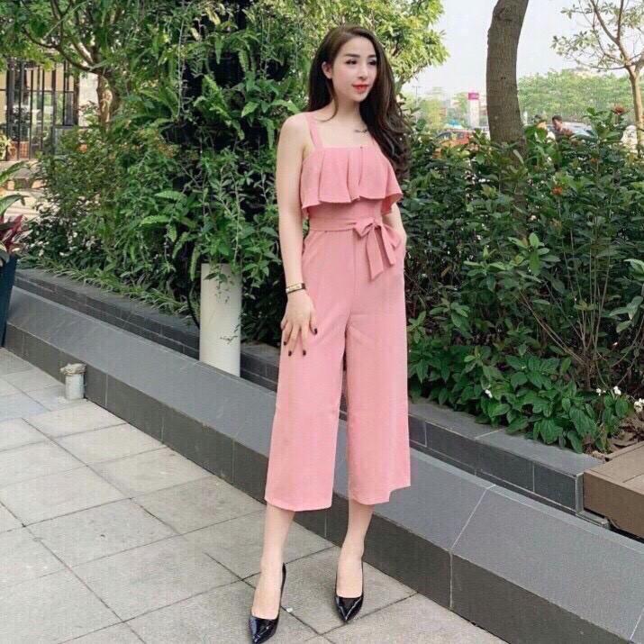 Bộ jumpsuit bèo 2 dây ống rộng có nơ thắt xinh xắn
